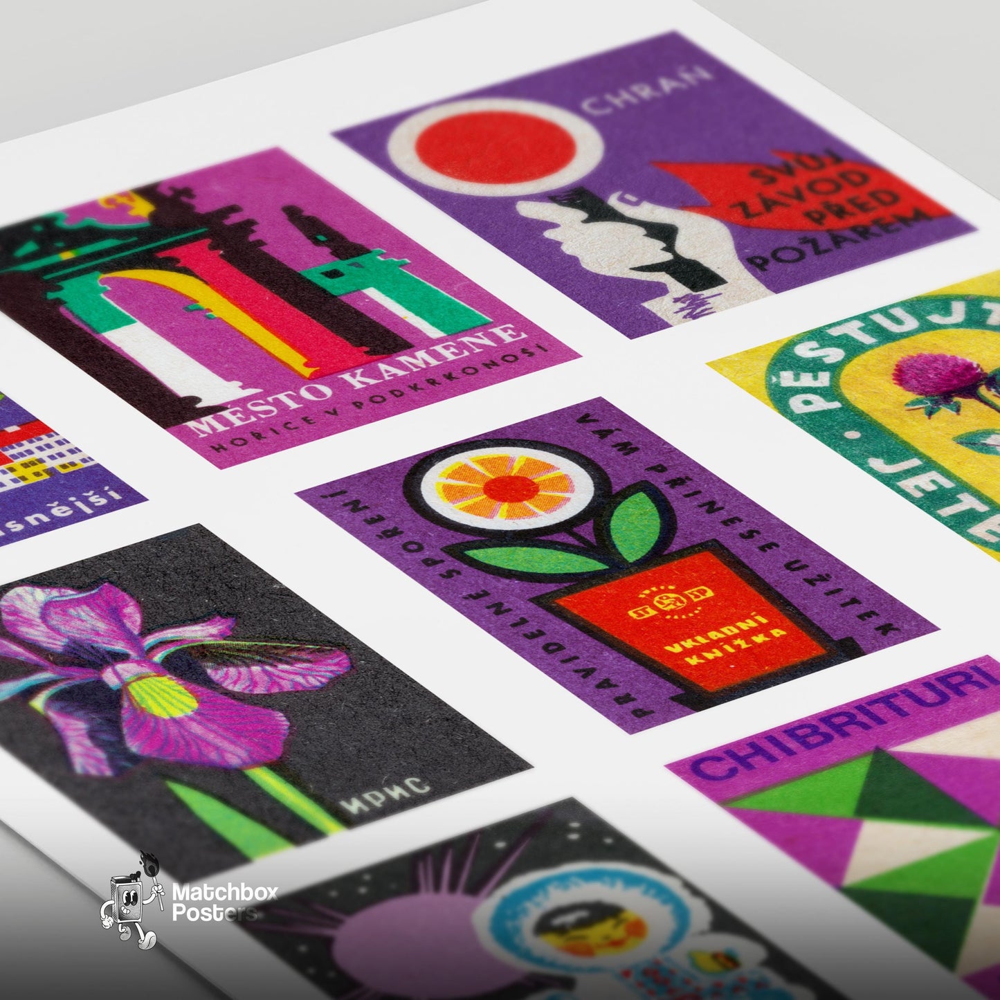 Purples Grid Print - vintage matchbox label print - close-up detail