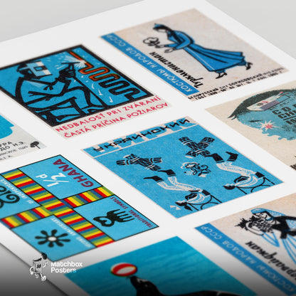 Blue and Blacks Grid Print - vintage matchbox label print - close-up detail
