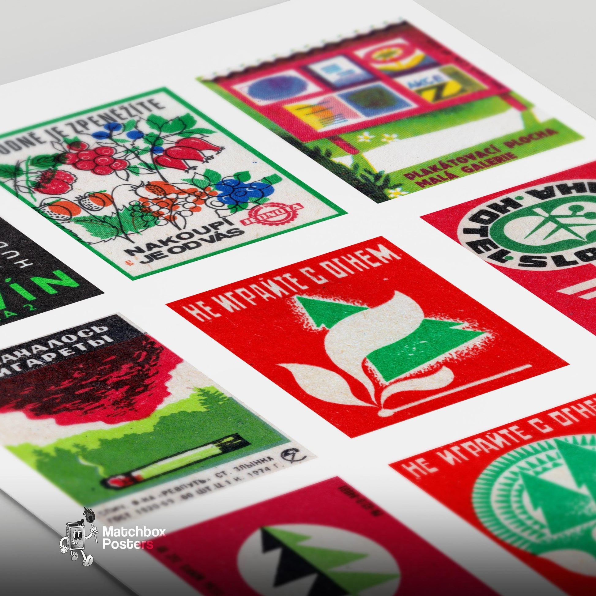 Red and Greens Grid Print - vintage matchbox label print - close-up detail