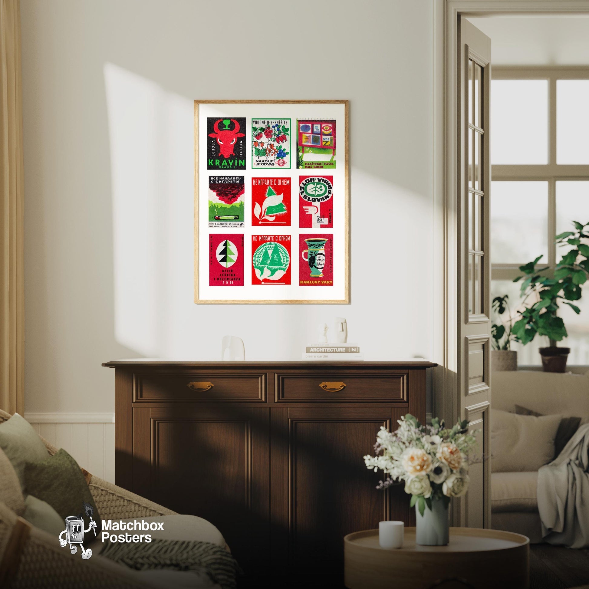 Red and Greens Grid Print - vintage matchbox label print - framed wall art preview