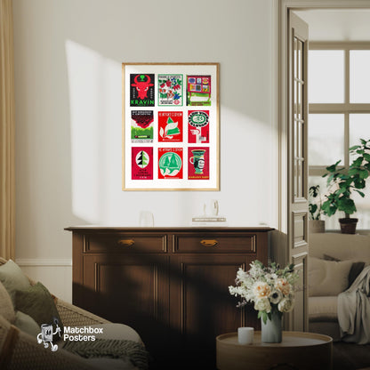 Red and Greens Grid Print - vintage matchbox label print - framed wall art preview