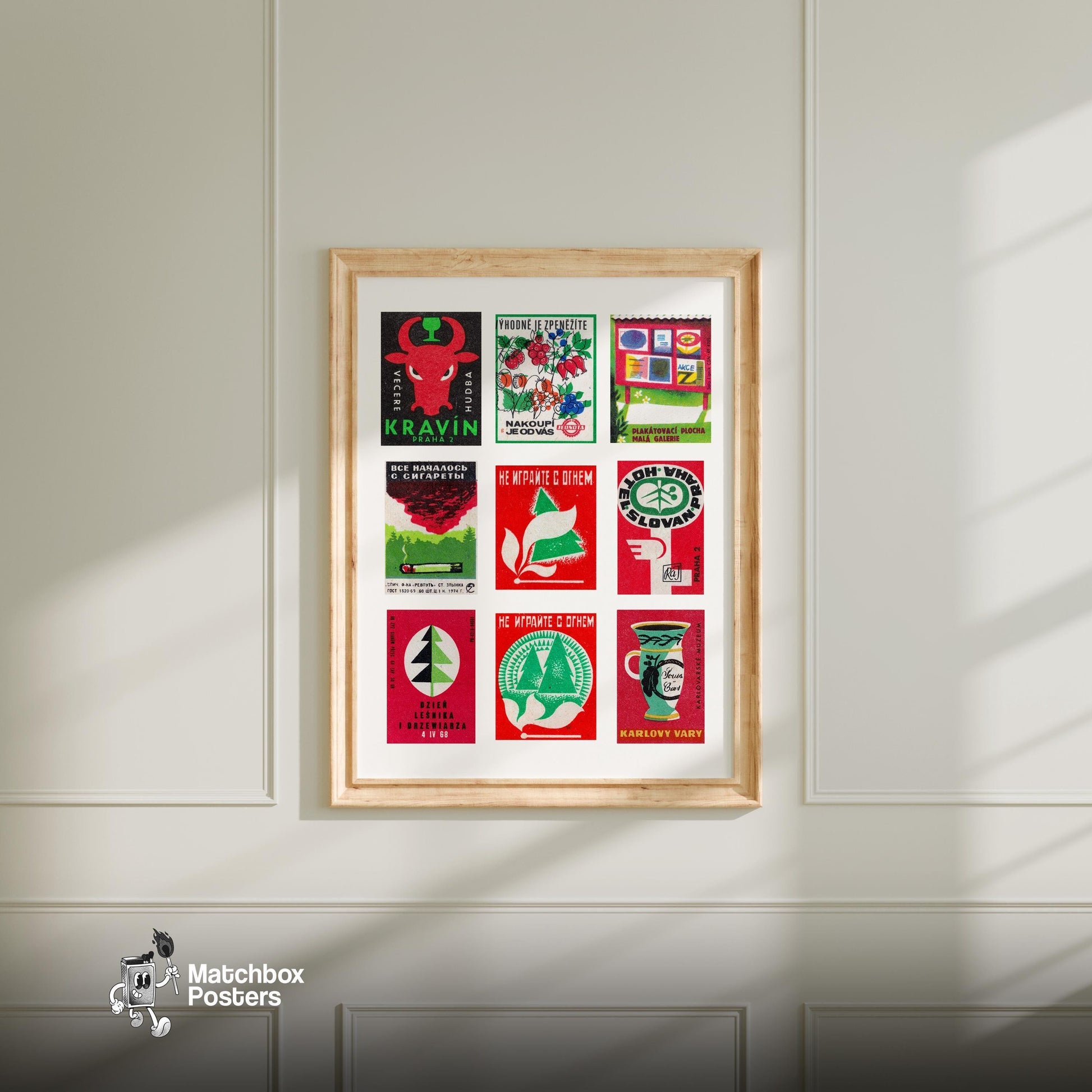 Red and Greens Grid Print - vintage matchbox label print - living room mockup