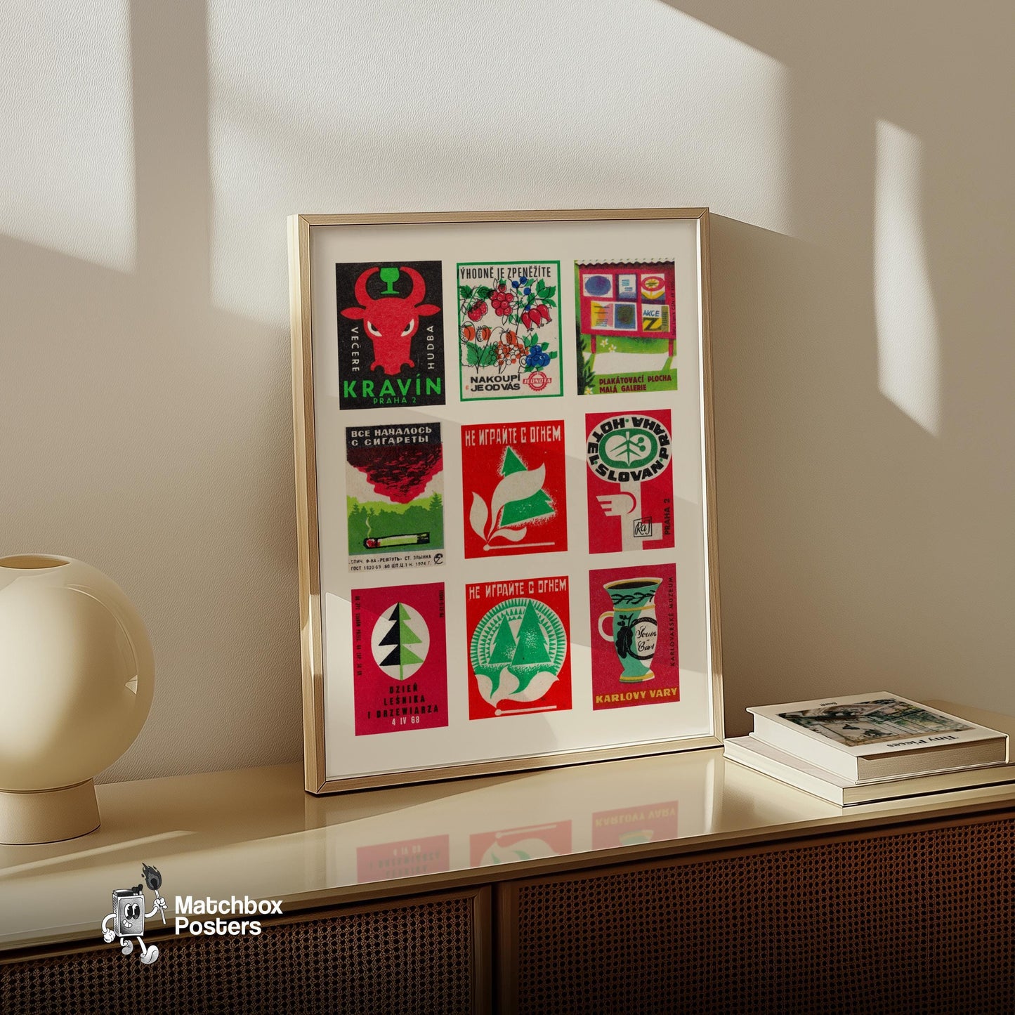 Red and Greens Grid Print - vintage matchbox label print - bedroom mockup