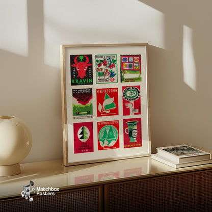 Red and Greens Grid Print - vintage matchbox label print - bedroom mockup