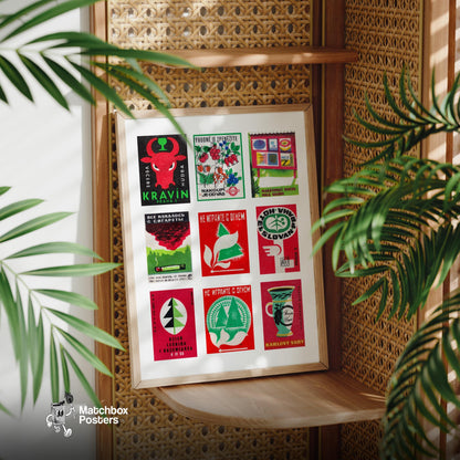 Red and Greens Grid Print - vintage matchbox label print - size comparison