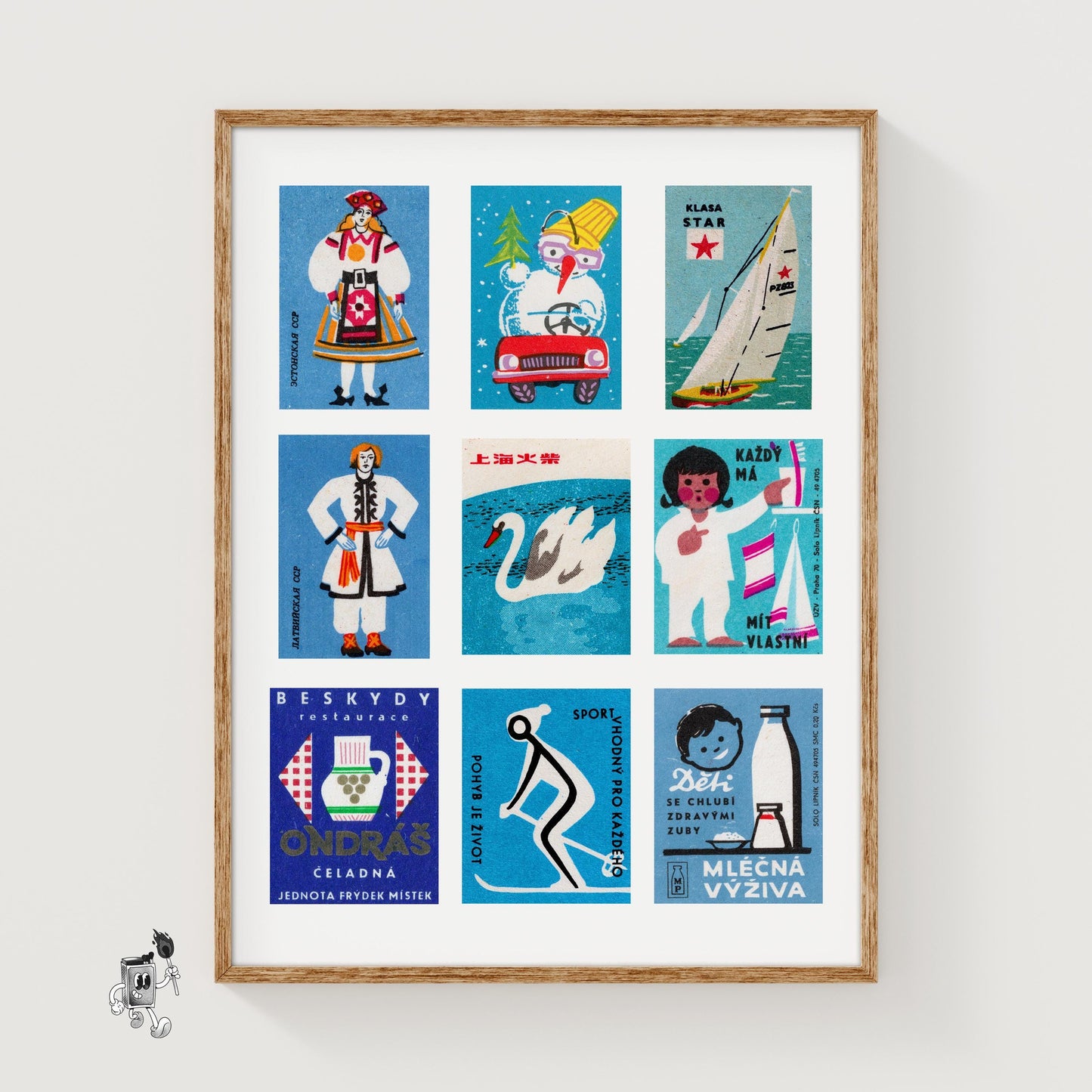 Blue and Whites Grid Print - vintage matchbox label print