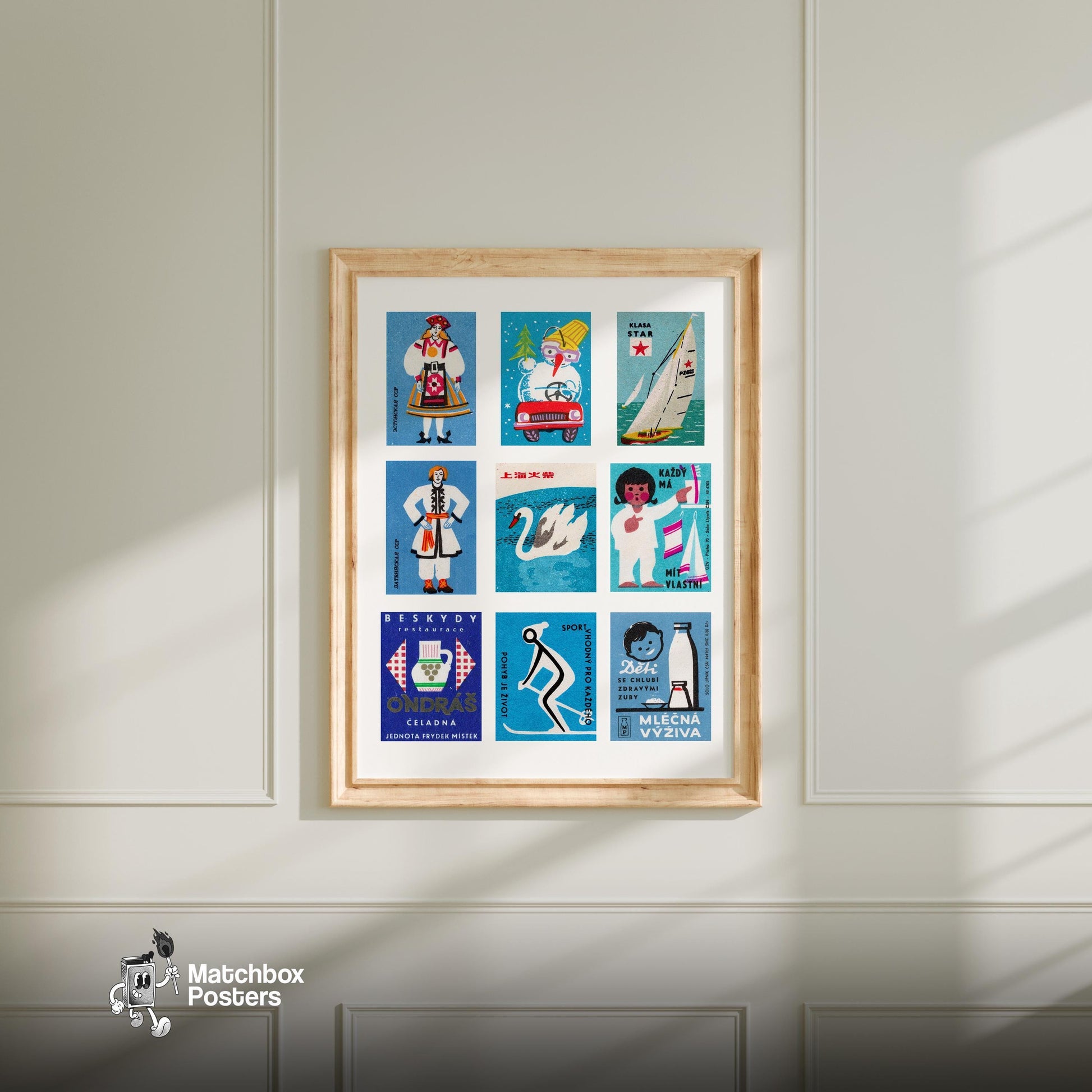 Blue and Whites Grid Print - vintage matchbox label print - living room mockup