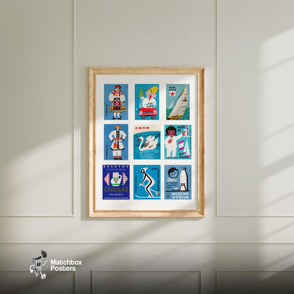 Blue and Whites Grid Print - vintage matchbox label print - living room mockup