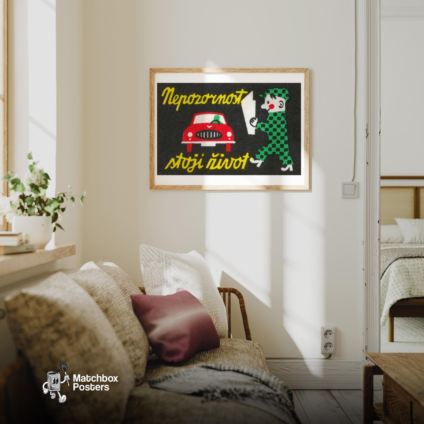Red Car - vintage matchbox label print - living room mockup