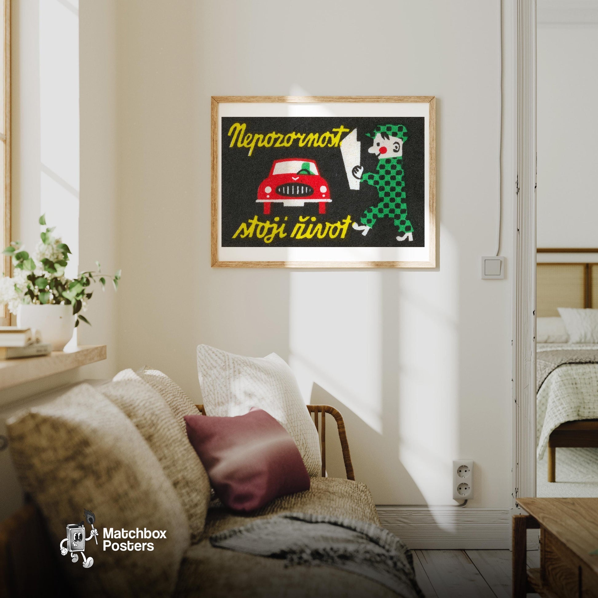 Red Car - vintage matchbox label print - living room mockup