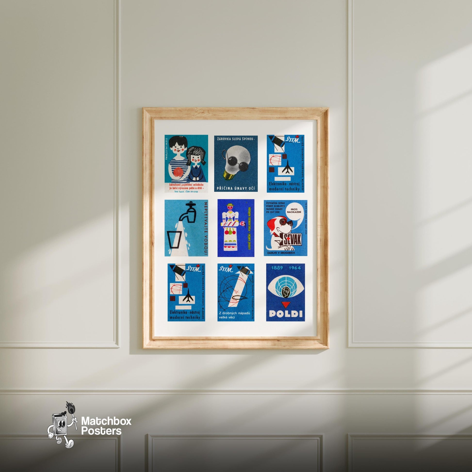 Blue and Whites Grid Print - vintage matchbox label print - living room mockup