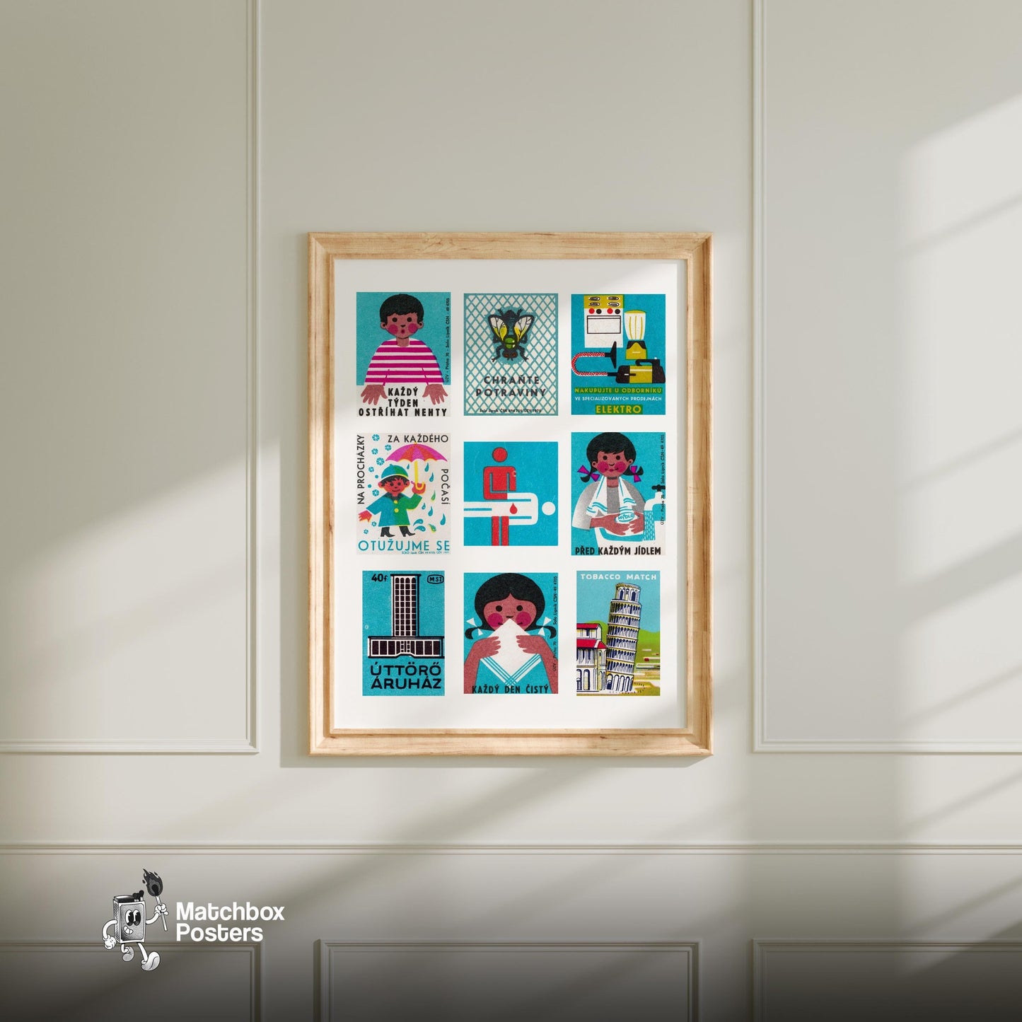 Turquoises Grid Print - vintage matchbox label print - living room mockup