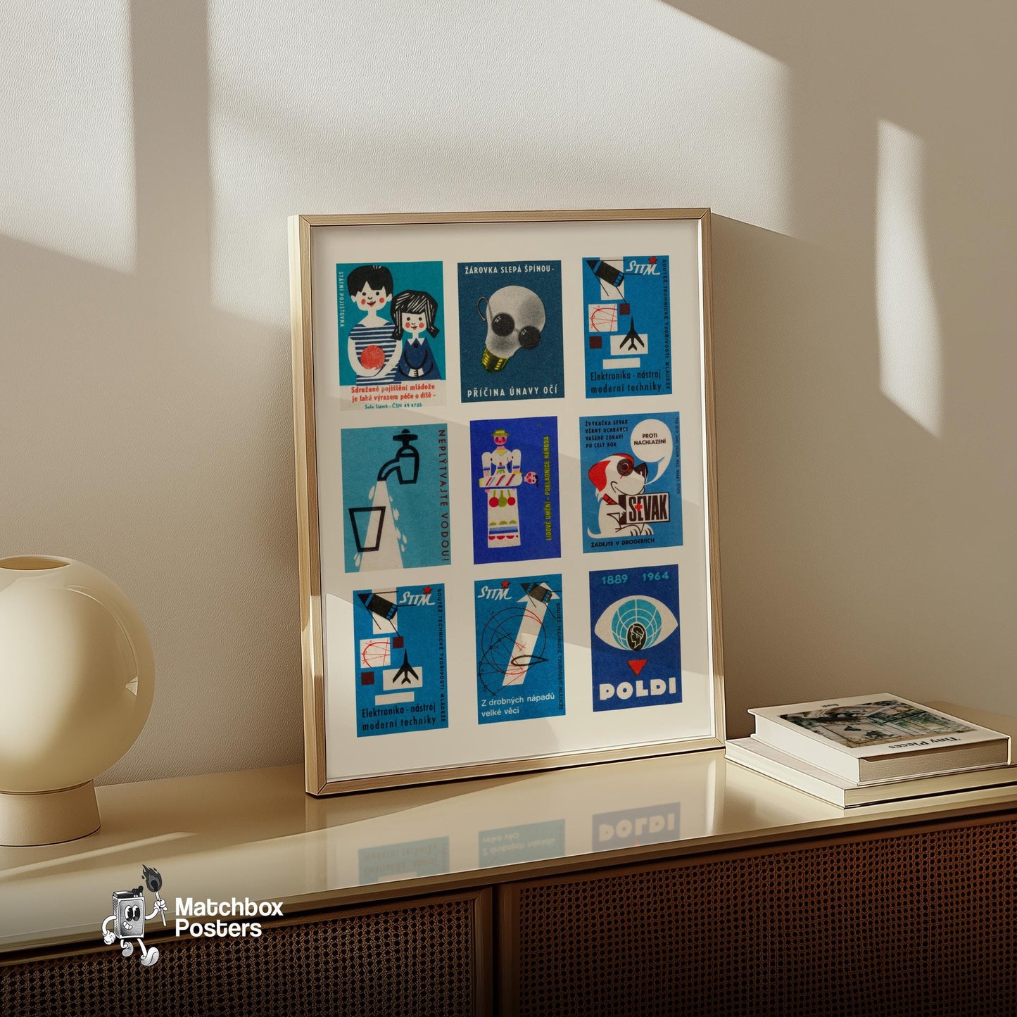 Blue and Whites Grid Print - vintage matchbox label print - bedroom mockup