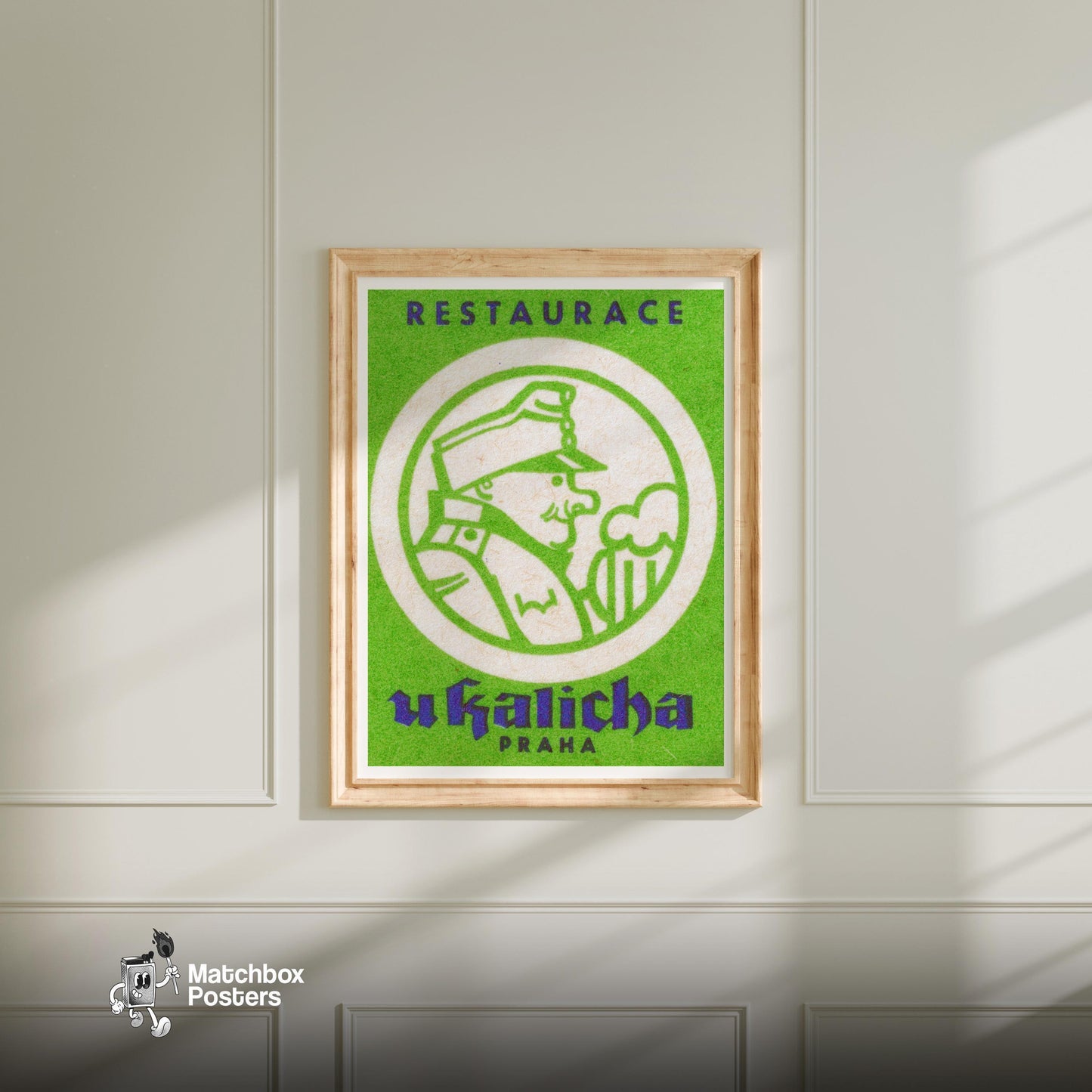 Captain Drinking Beer - vintage matchbox label print - bedroom mockup