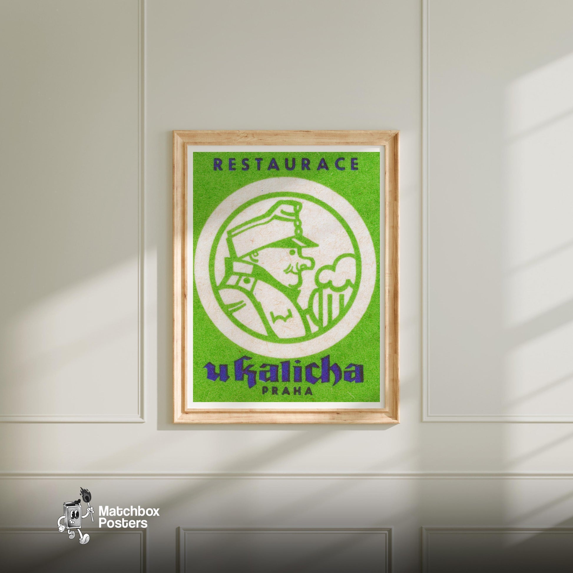 Captain Drinking Beer - vintage matchbox label print - bedroom mockup