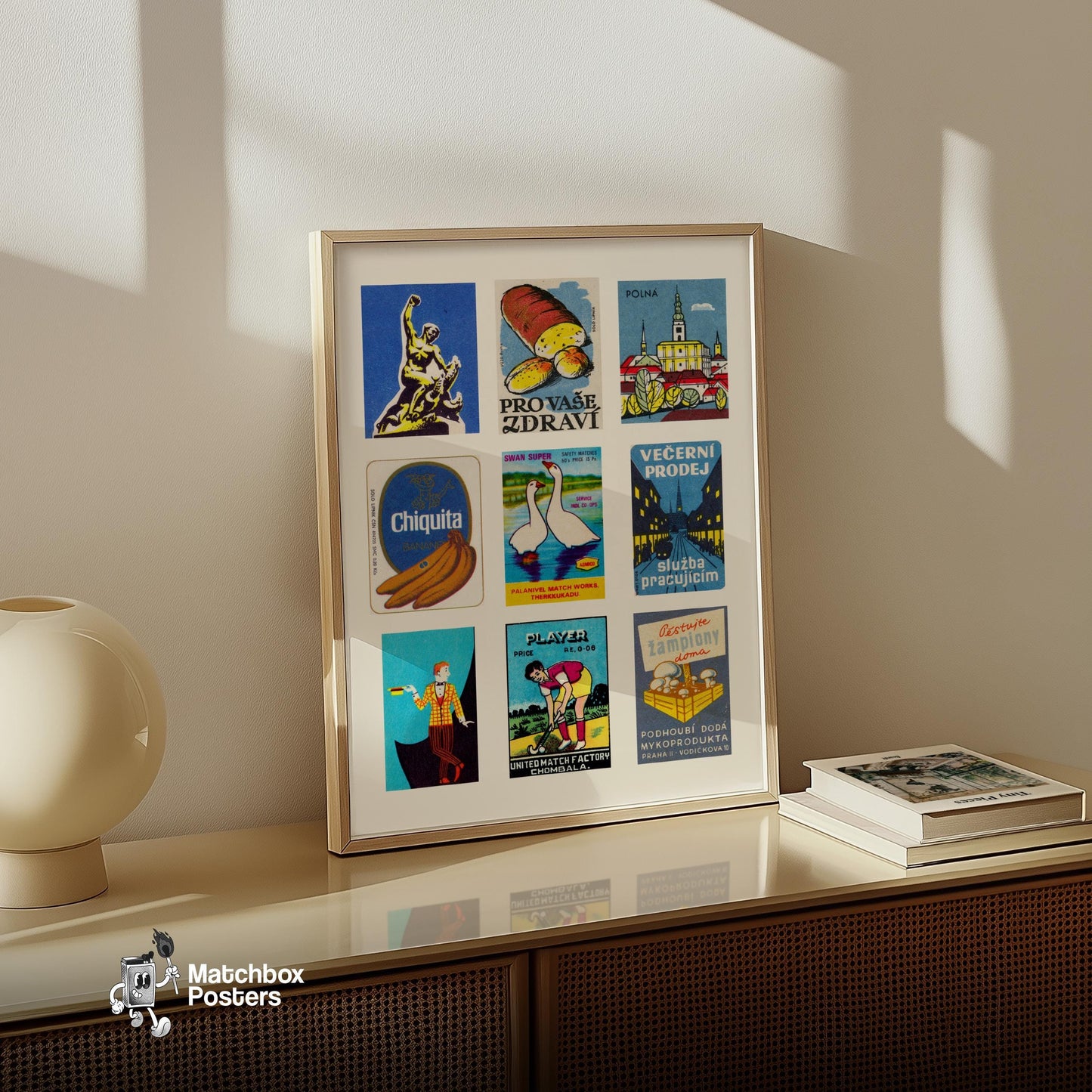 Blue and Yellows Grid Print - vintage matchbox label print - bedroom mockup