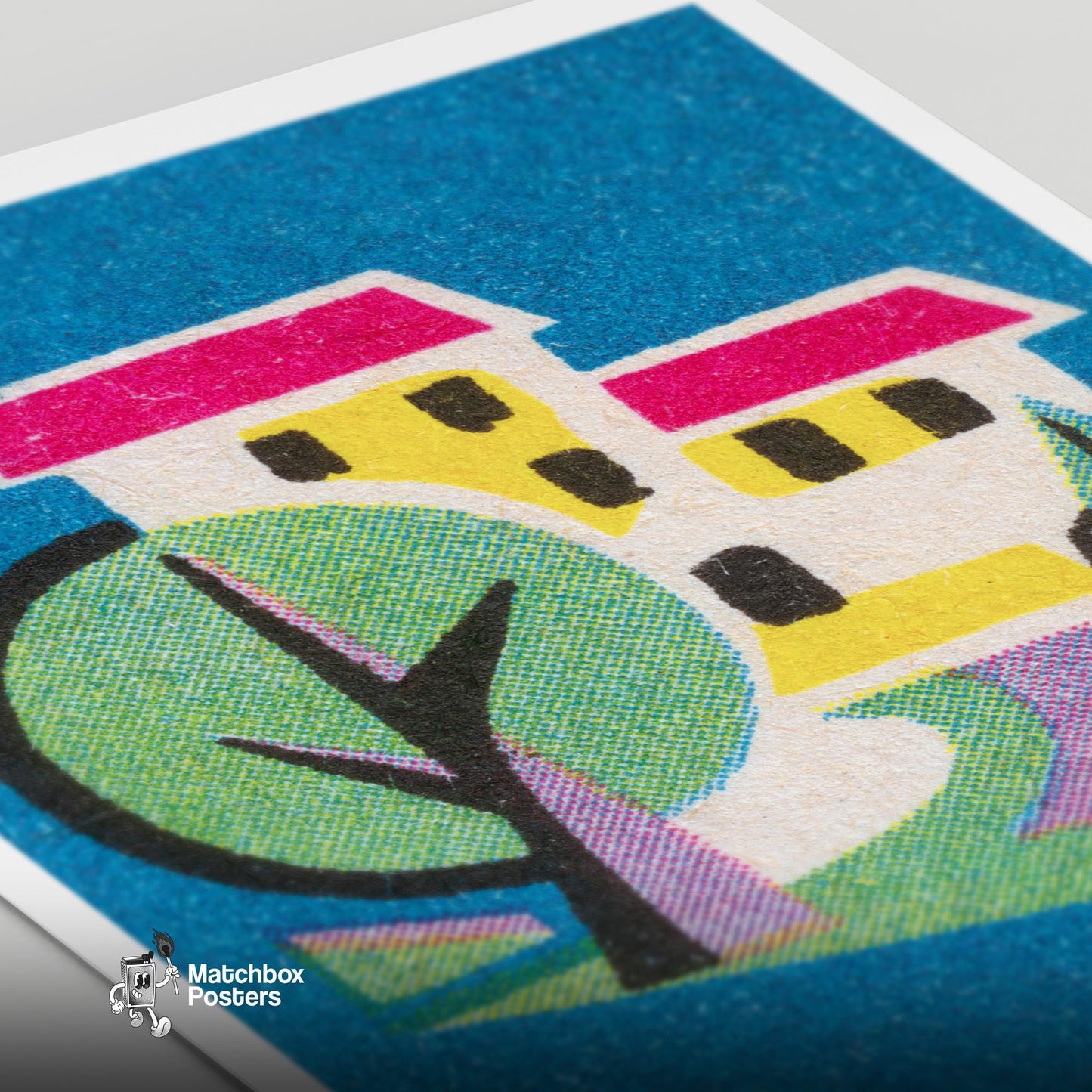 Stylized House - vintage matchbox label print - close-up detail