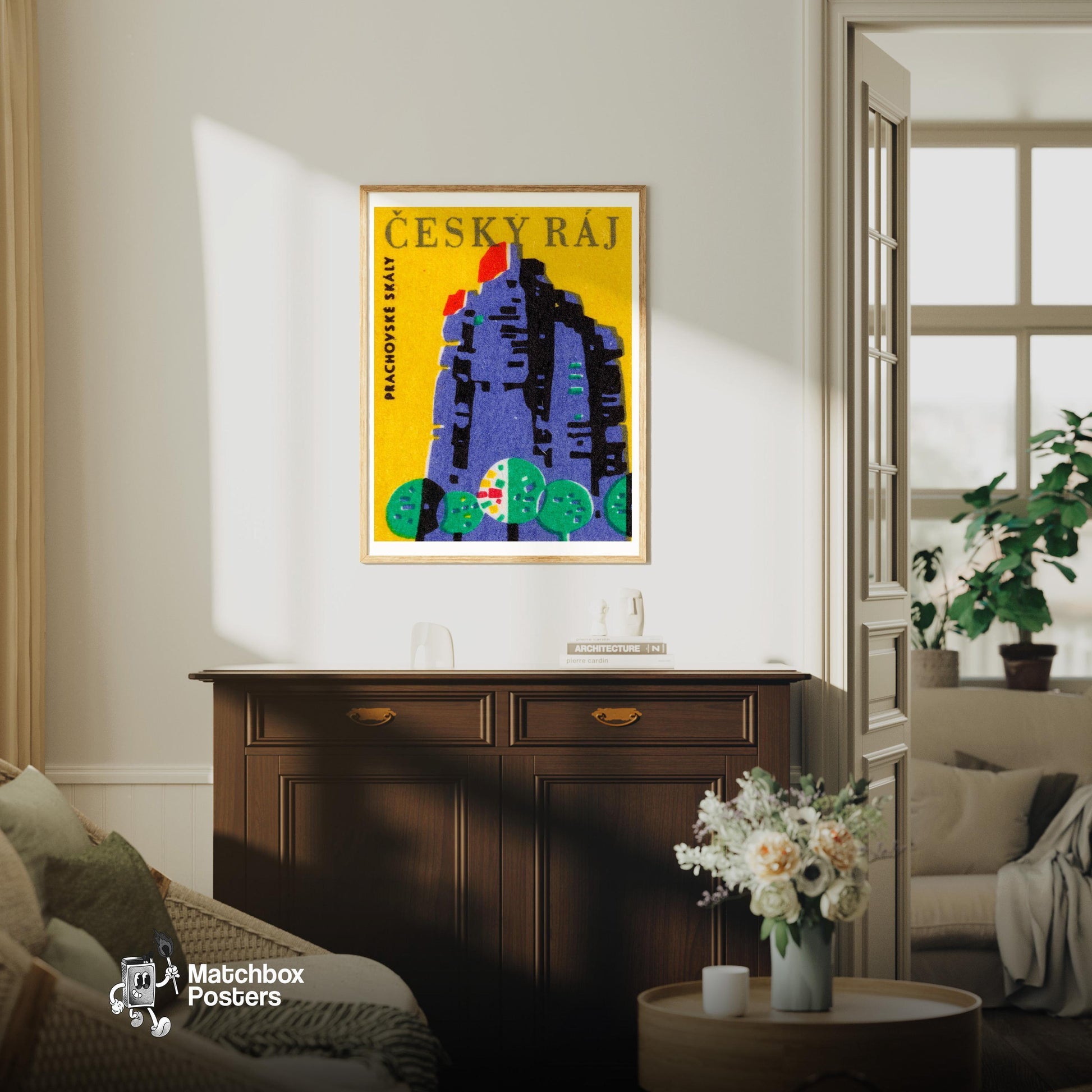 Prachovske Rocks - vintage matchbox label print - living room mockup