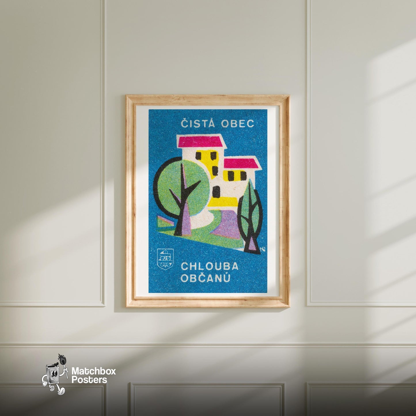 Abstract Building - vintage matchbox label print - bedroom mockup