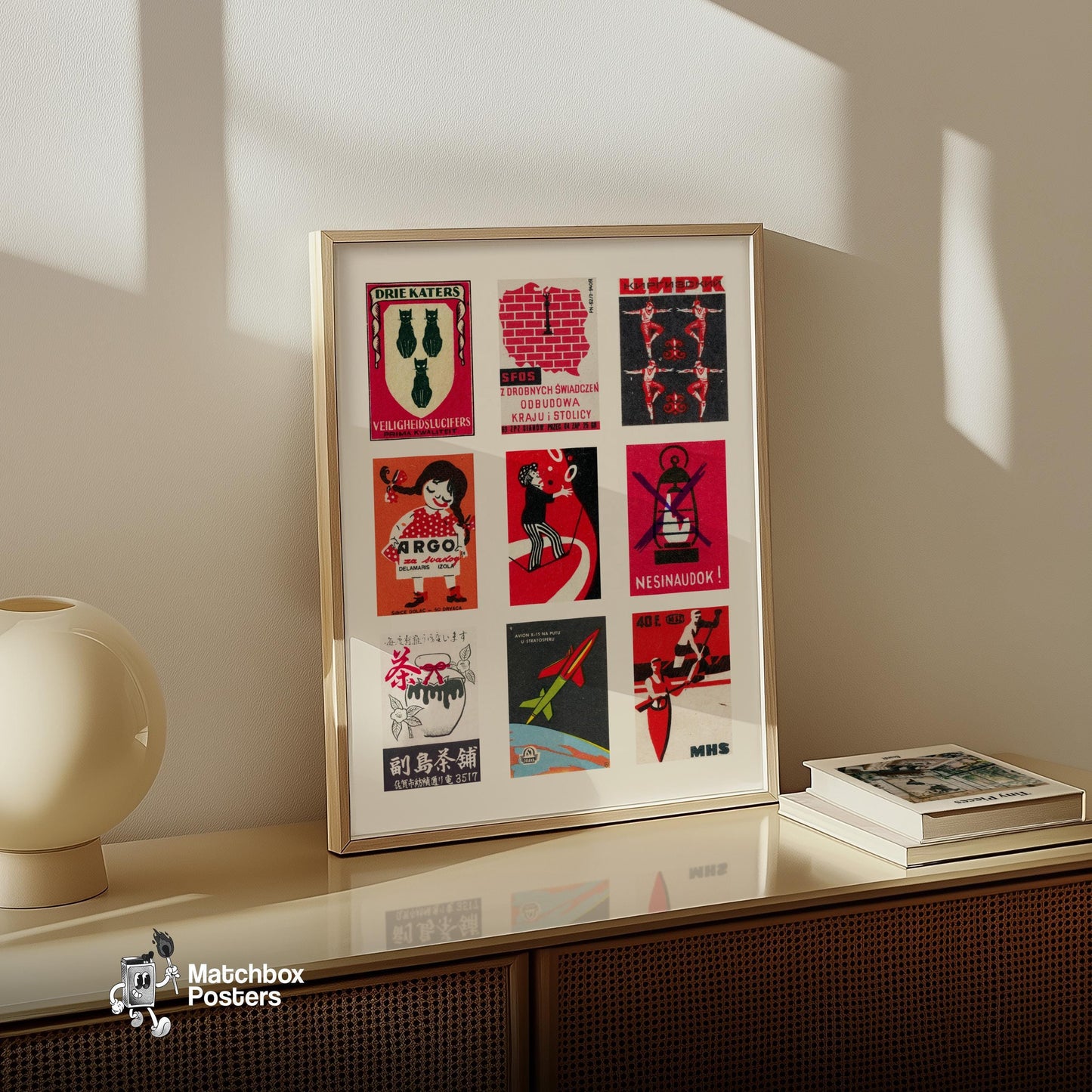 Red and Blacks Grid Print - vintage matchbox label print - bedroom mockup