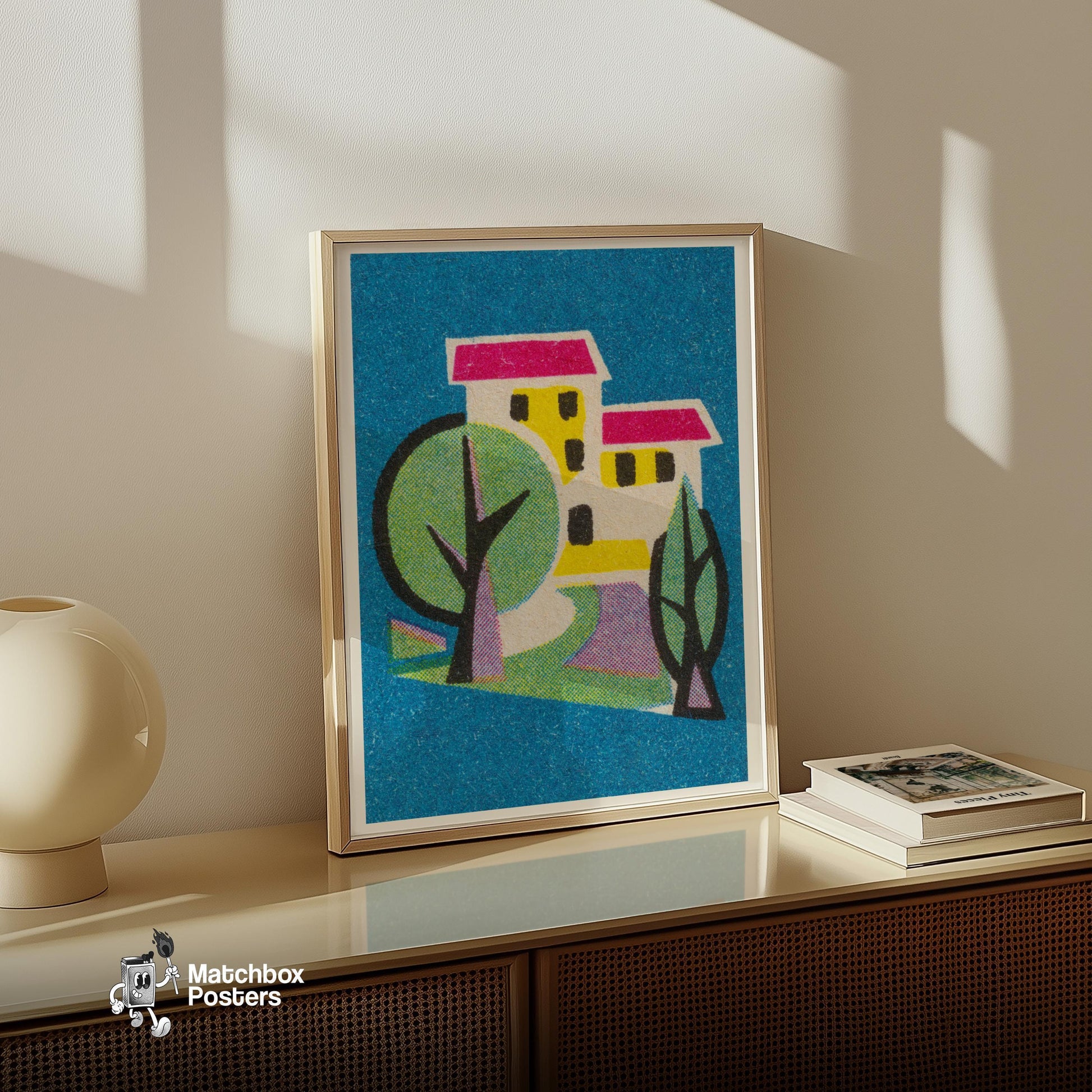 Stylized House - vintage matchbox label print - size comparison