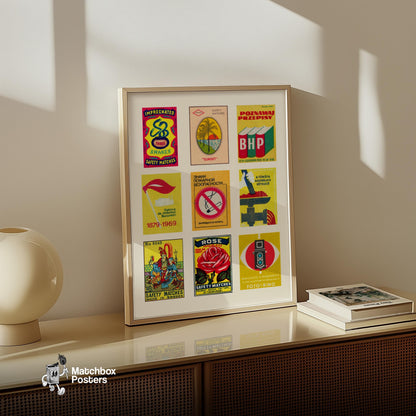 Yellow and Reds Grid Print - vintage matchbox label print - bedroom mockup
