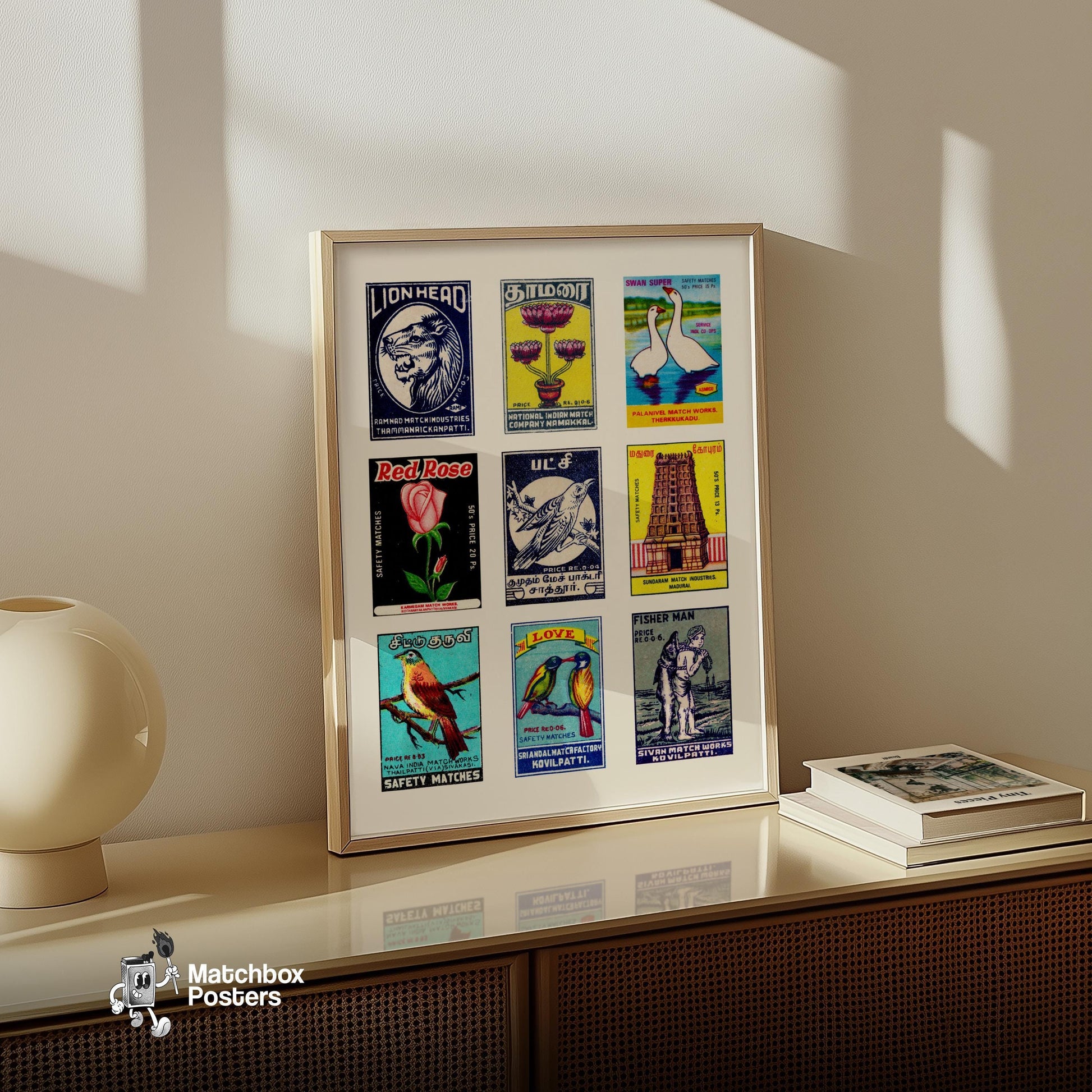 Tamil Print - vintage matchbox label print - bedroom mockup