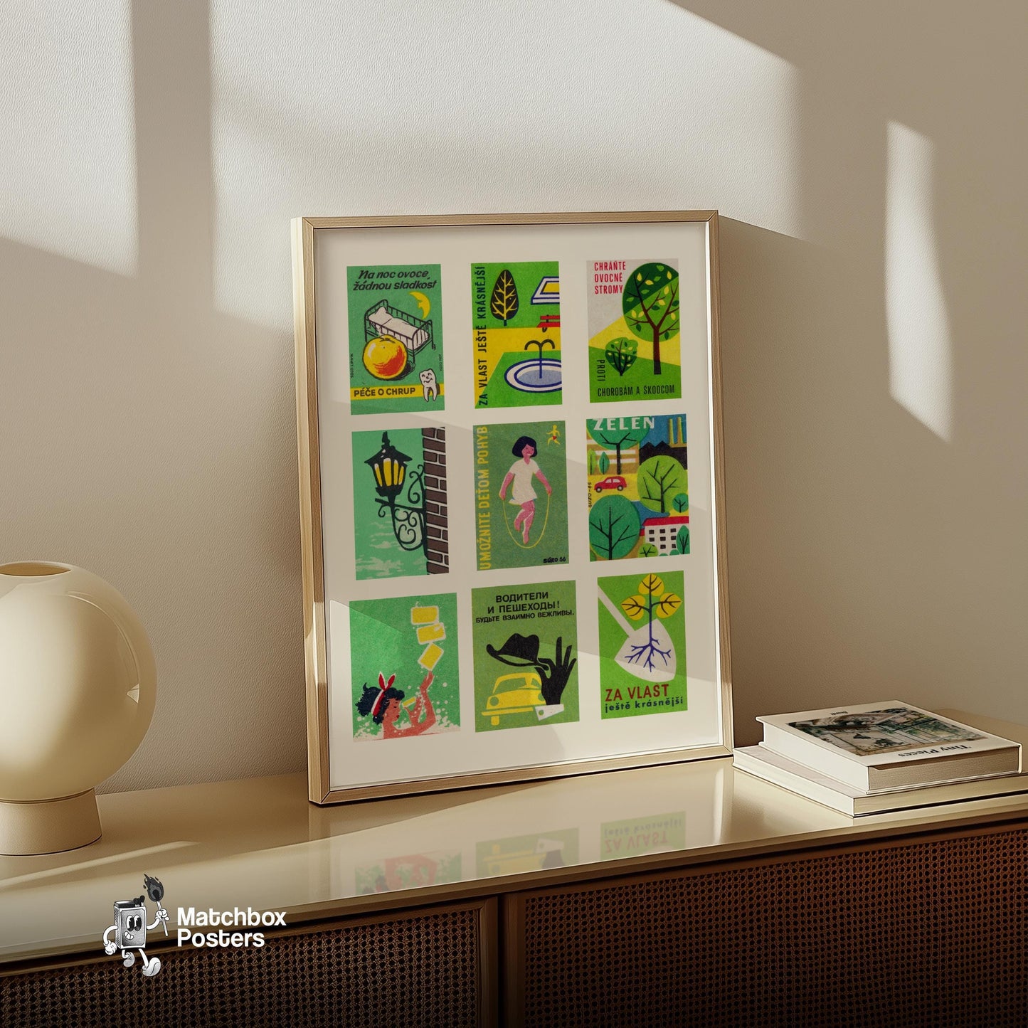 Green and Yellows Grid Print - vintage matchbox label print - bedroom mockup