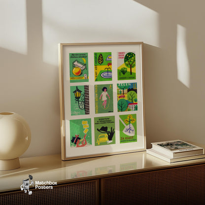 Green and Yellows Grid Print - vintage matchbox label print - bedroom mockup