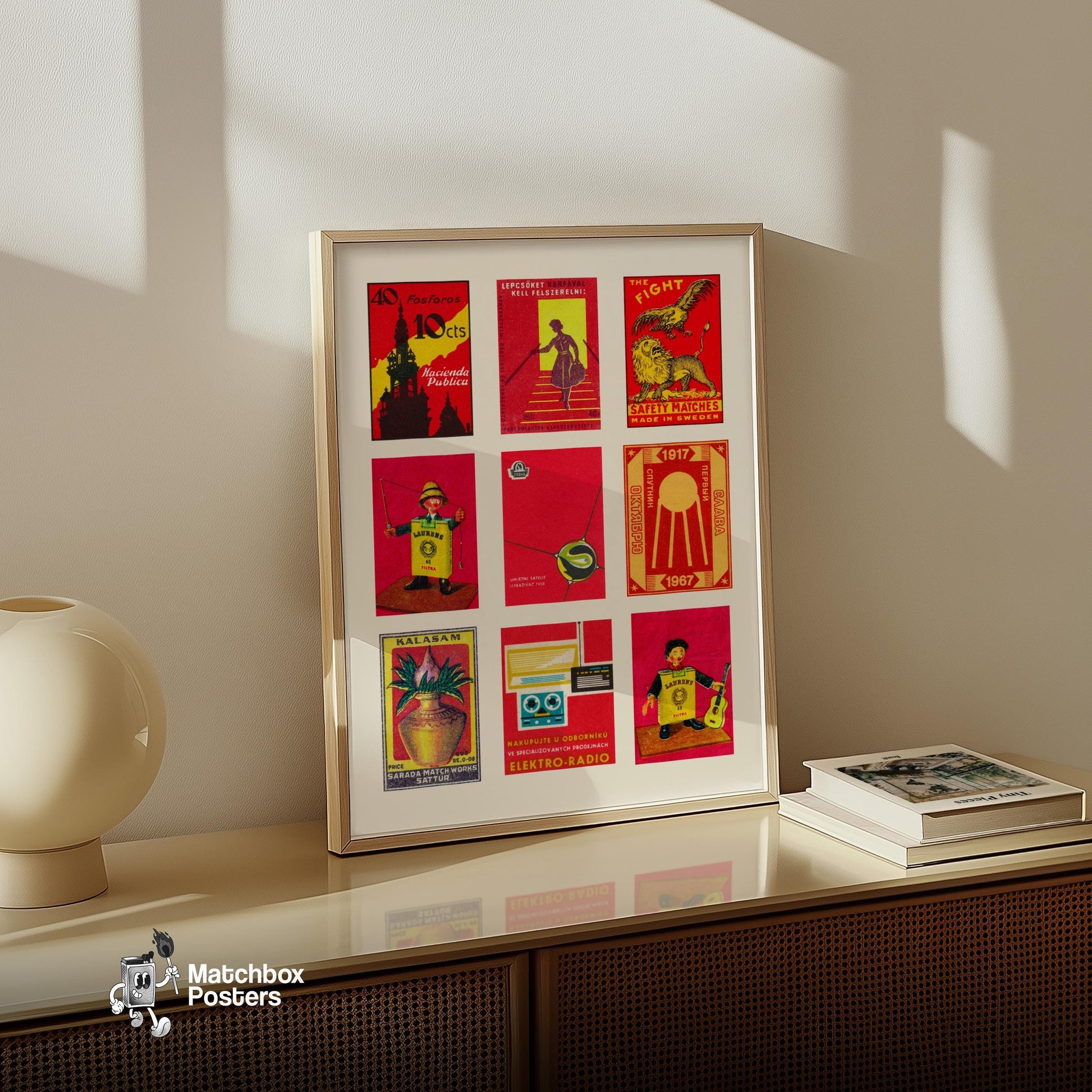 Red and Yellows Grid Print - vintage matchbox label print - bedroom mockup
