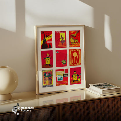 Red and Yellows Grid Print - vintage matchbox label print - bedroom mockup