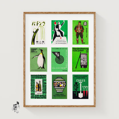Green and Blacks Grid Print - vintage matchbox label print