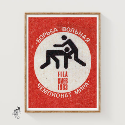 Stylized Wrestling Figures - vintage matchbox label print