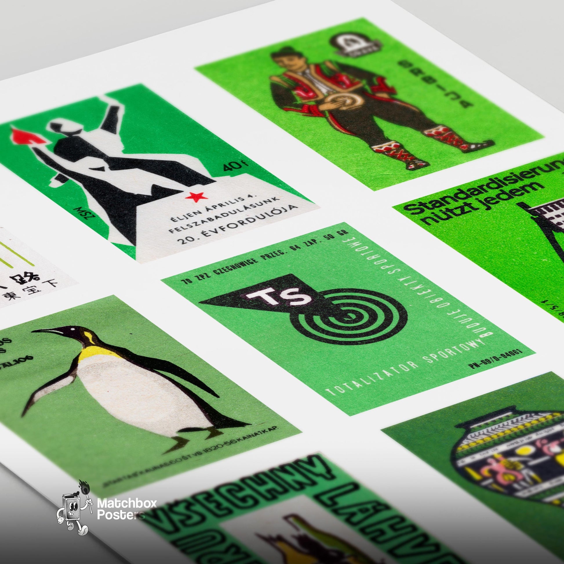 Green and Blacks Grid Print - vintage matchbox label print - close-up detail