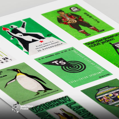 Green and Blacks Grid Print - vintage matchbox label print - close-up detail