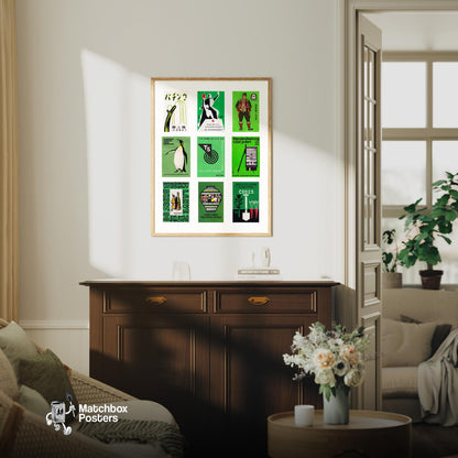 Green and Blacks Grid Print - vintage matchbox label print - framed wall art preview