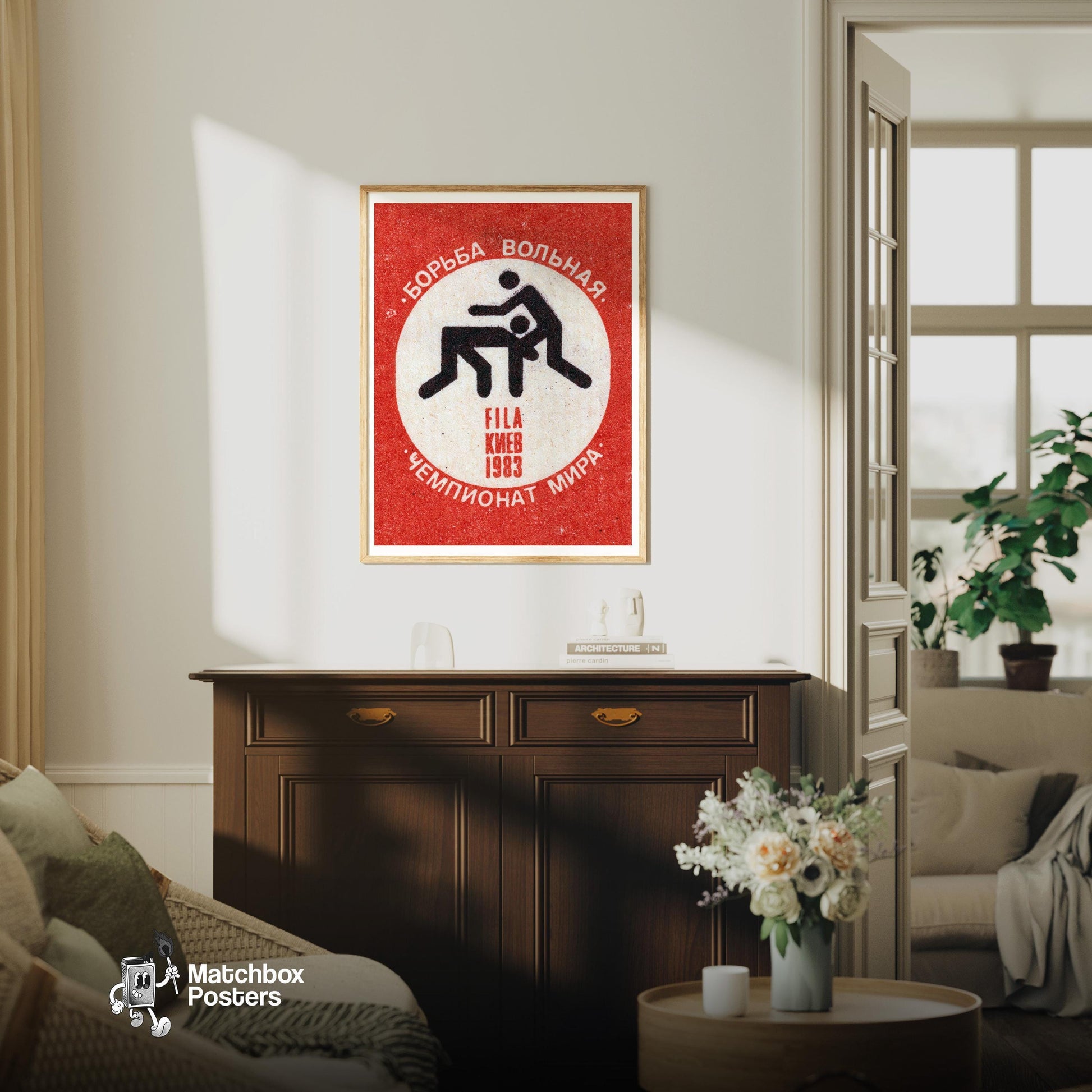 Stylized Wrestling Figures - vintage matchbox label print - living room mockup