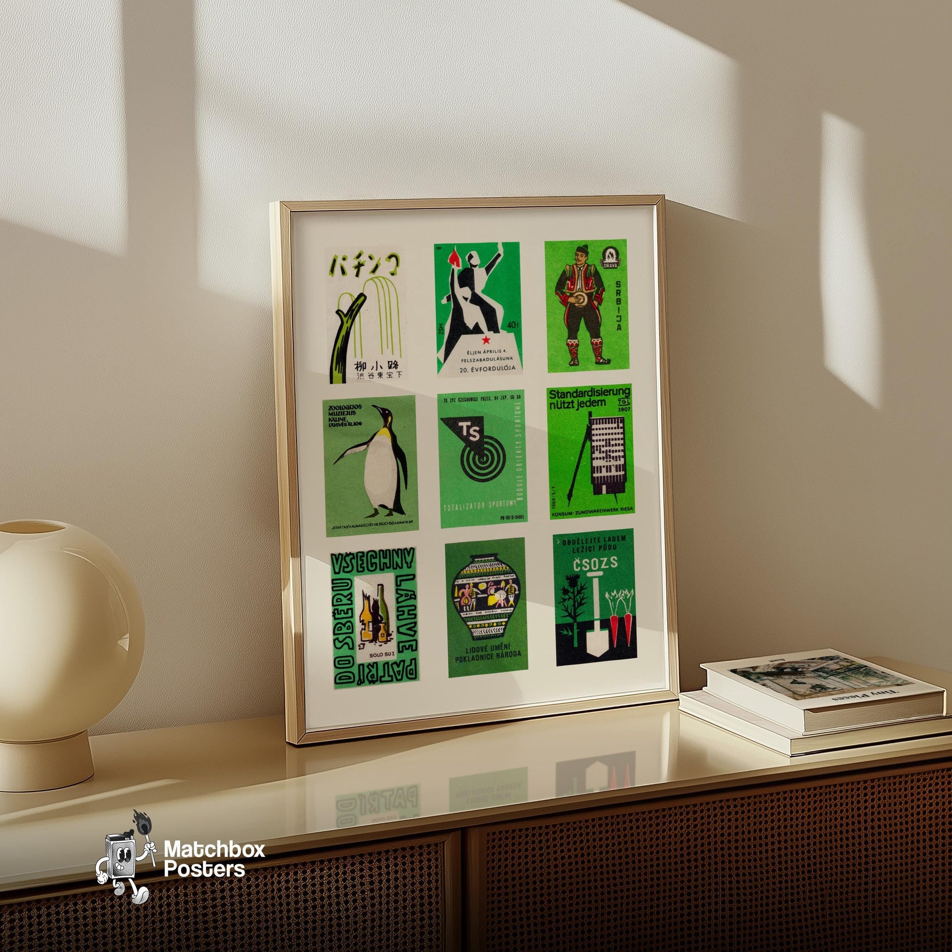Green and Blacks Grid Print - vintage matchbox label print - bedroom mockup
