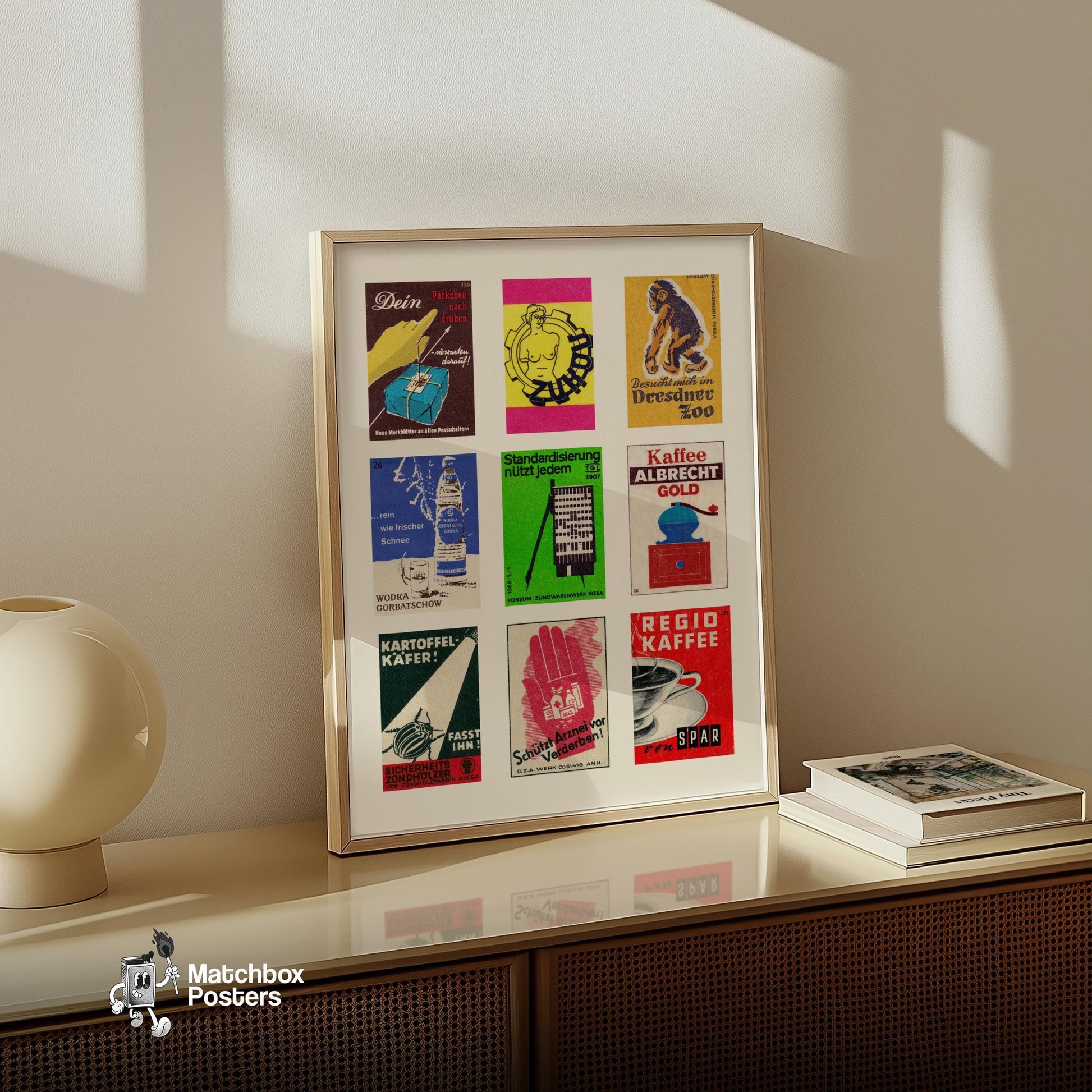 Germans Grid Print - vintage matchbox label print - bedroom mockup