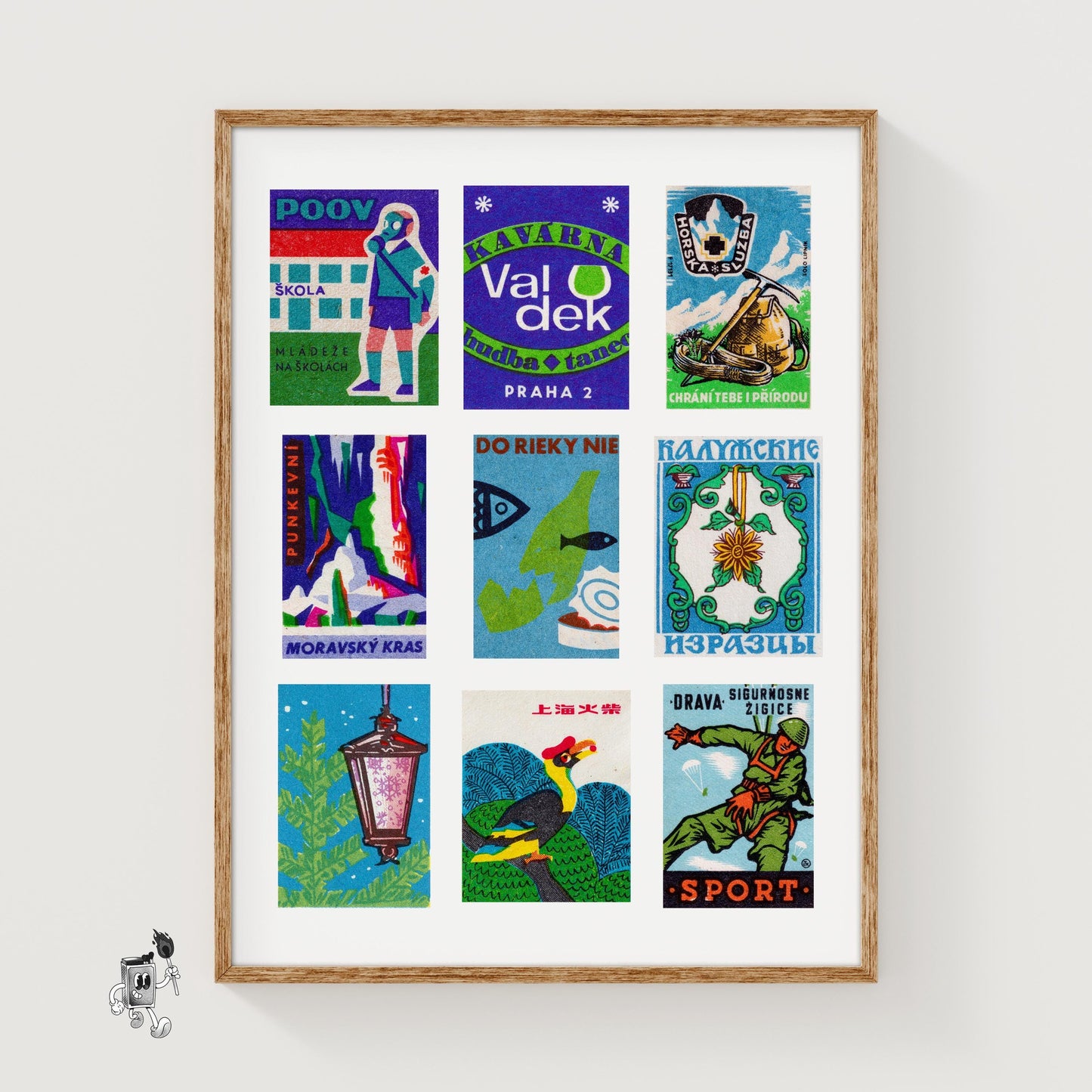 Blue and Greens Grid Print - vintage matchbox label print