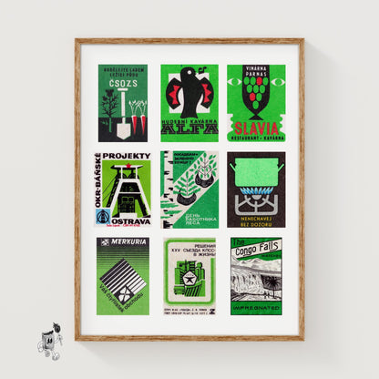 Green and Blacks Grid Print - vintage matchbox label print