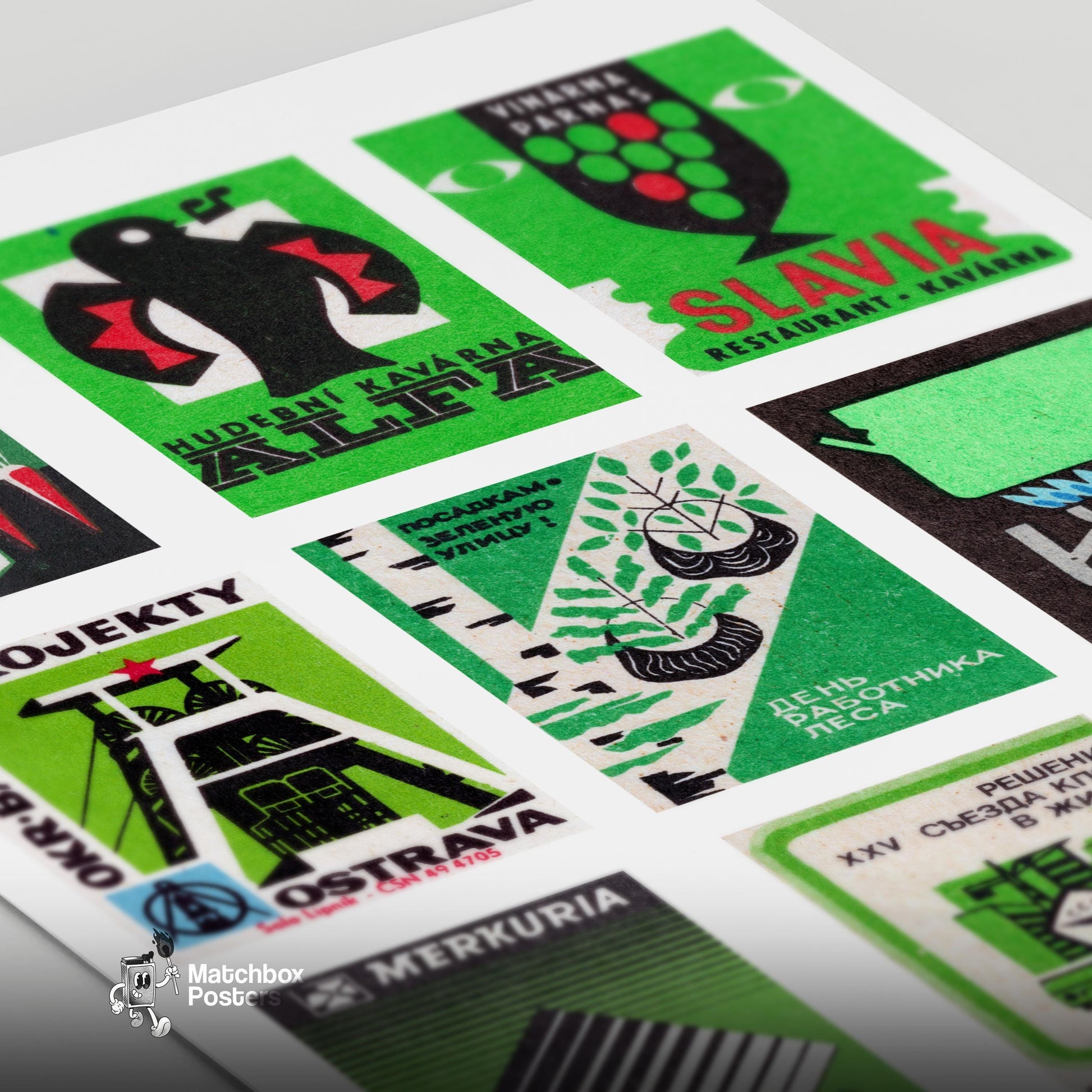 Green and Blacks Grid Print - vintage matchbox label print - close-up detail