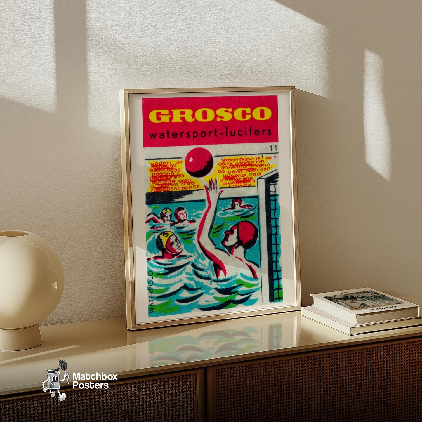 Water Polo Players - vintage matchbox label print - size comparison