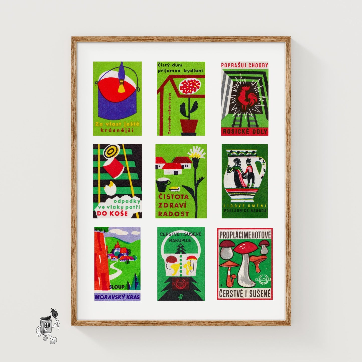 Green and Reds Grid Print - vintage matchbox label print