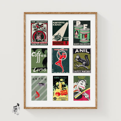 Dark Greens Grid Print - vintage matchbox label print