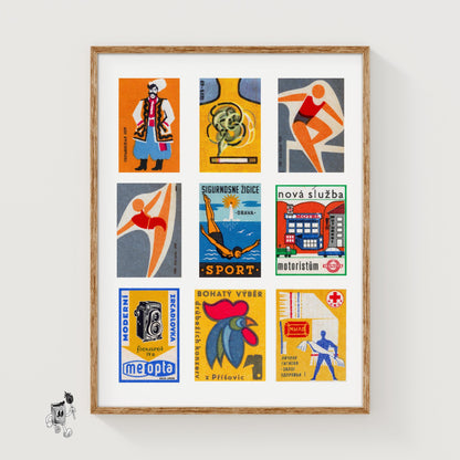 Orange and Blues Grid Print - vintage matchbox label print