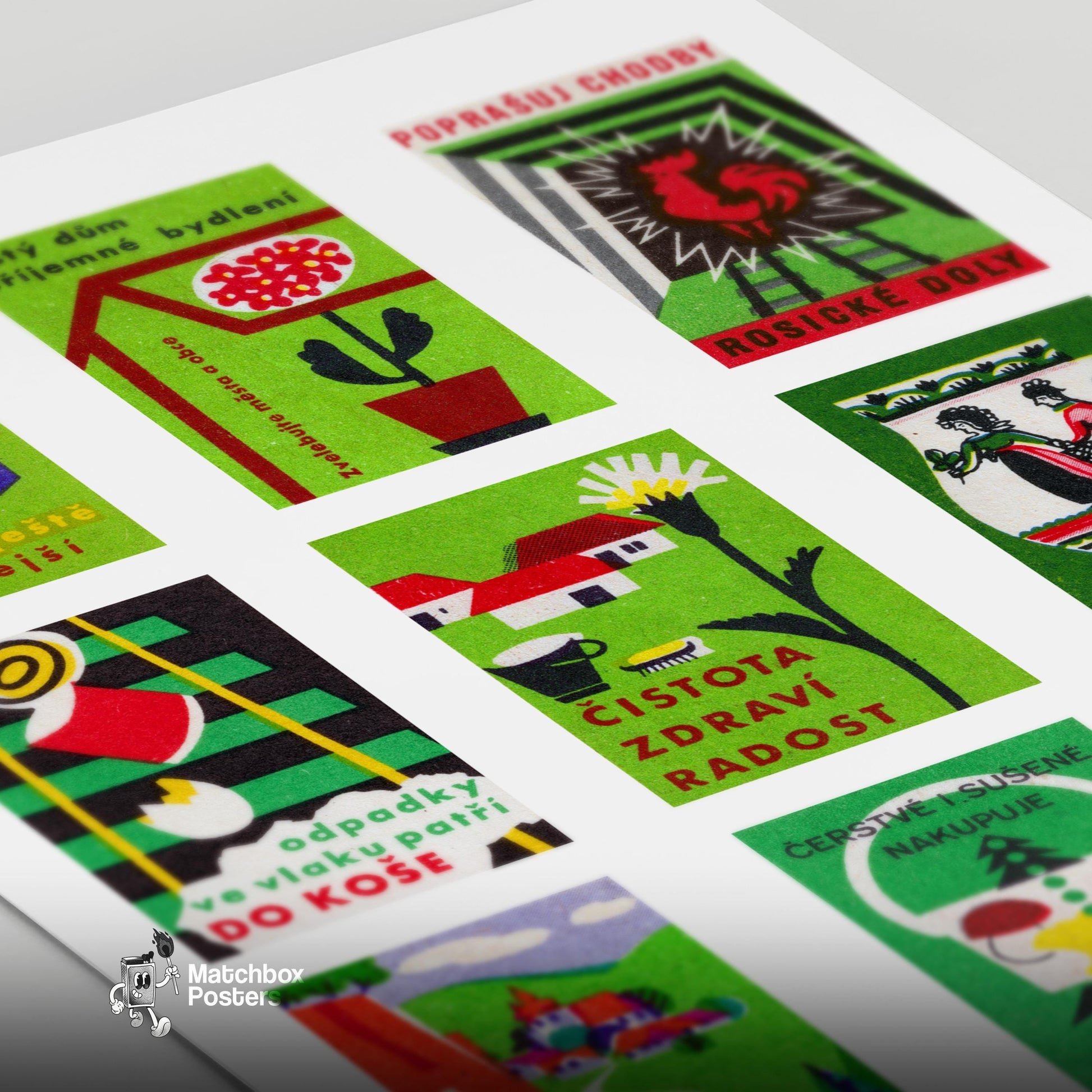 Green and Reds Grid Print - vintage matchbox label print - close-up detail