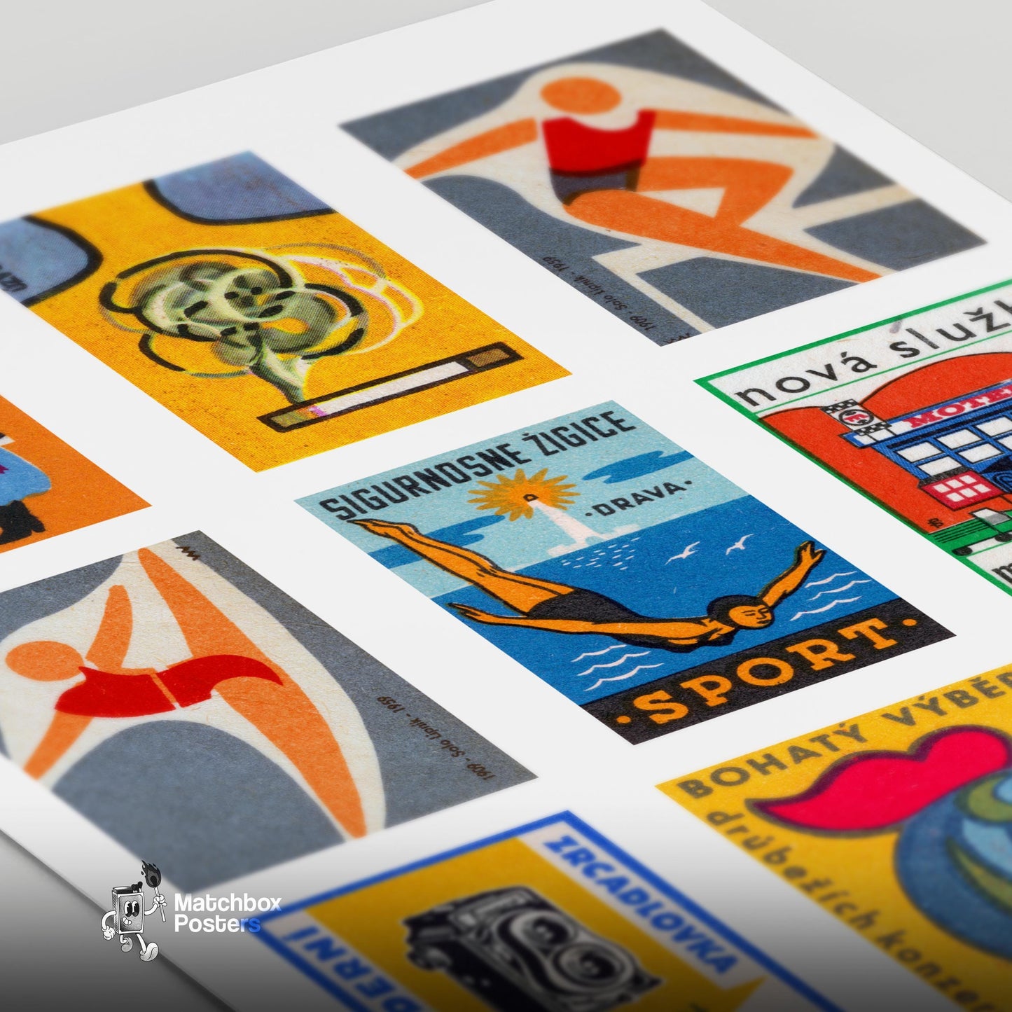 Orange and Blues Grid Print - vintage matchbox label print - close-up detail