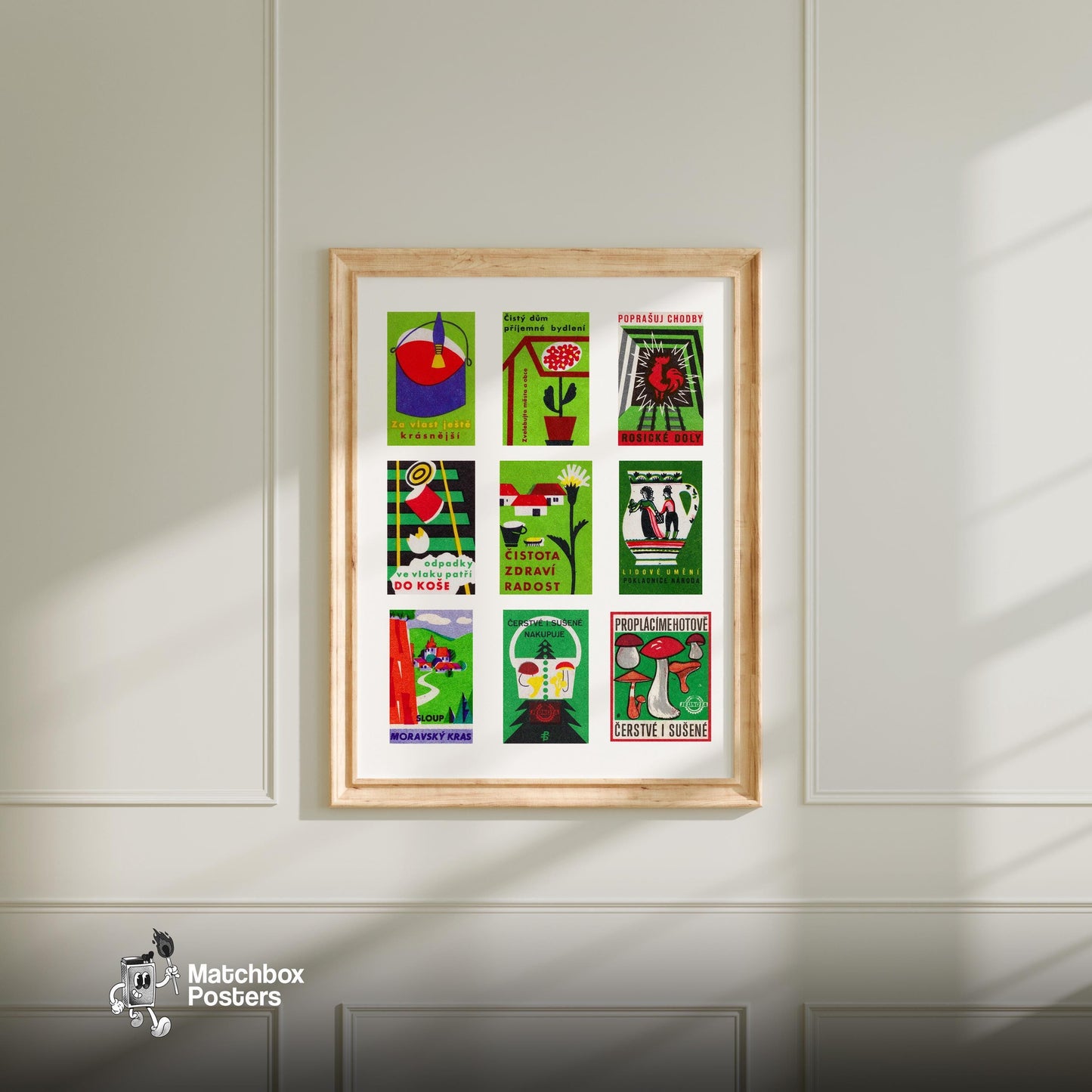 Green and Reds Grid Print - vintage matchbox label print - living room mockup
