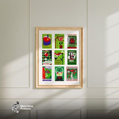 Green and Reds Grid Print - vintage matchbox label print - living room mockup